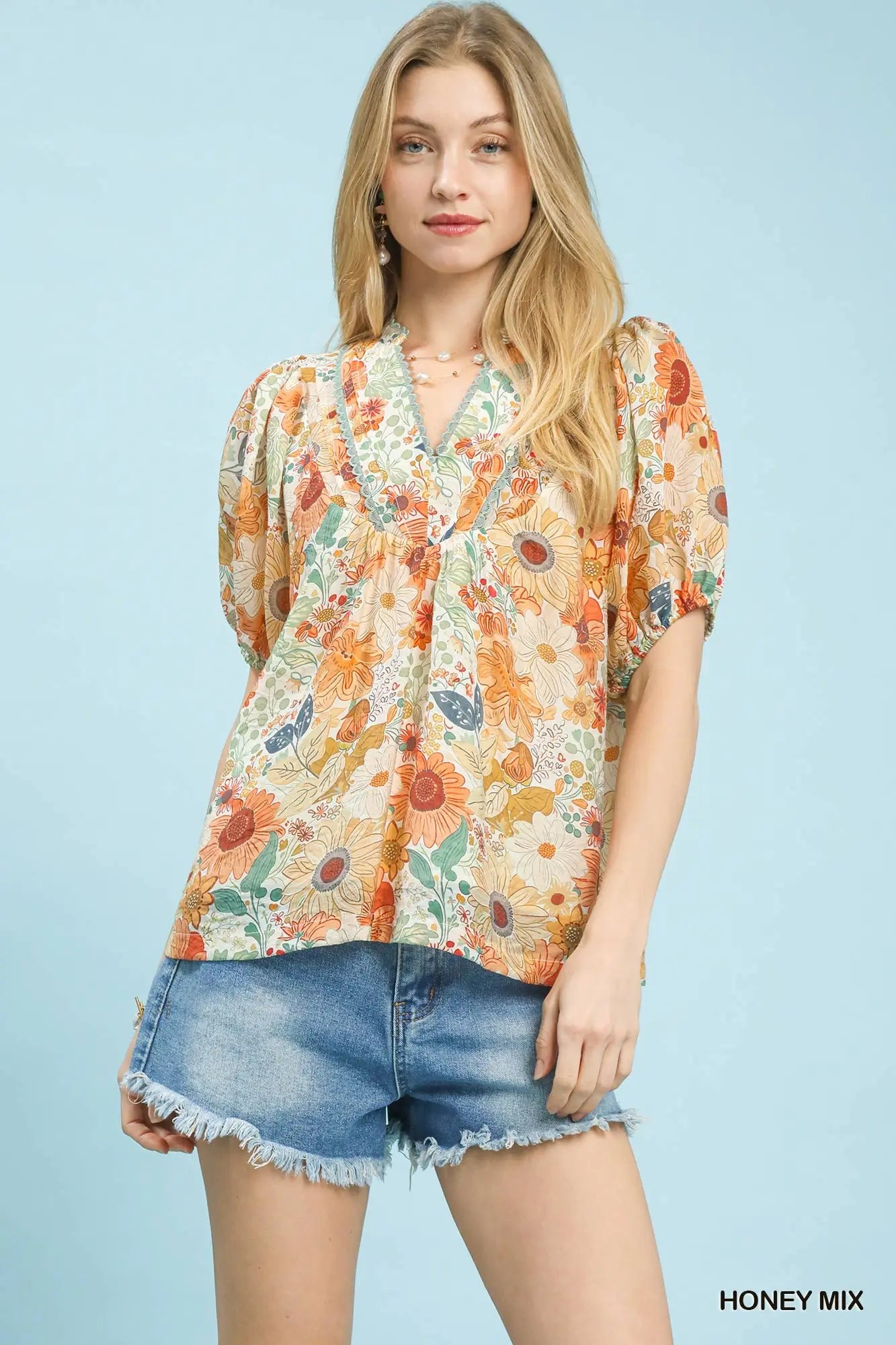 Mix Floral Puff Sleeve Split Neck Blouse