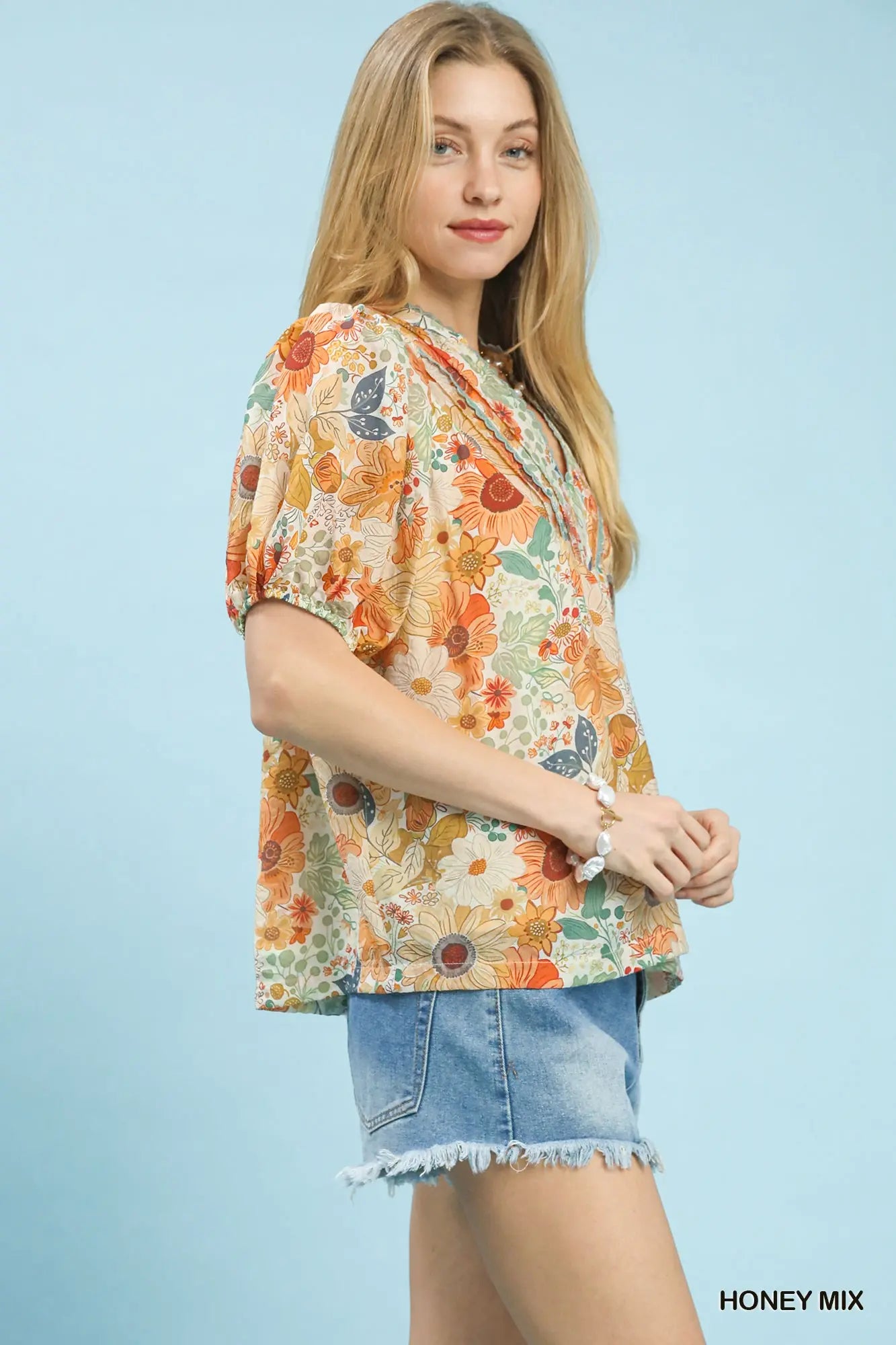 Mix Floral Puff Sleeve Split Neck Blouse