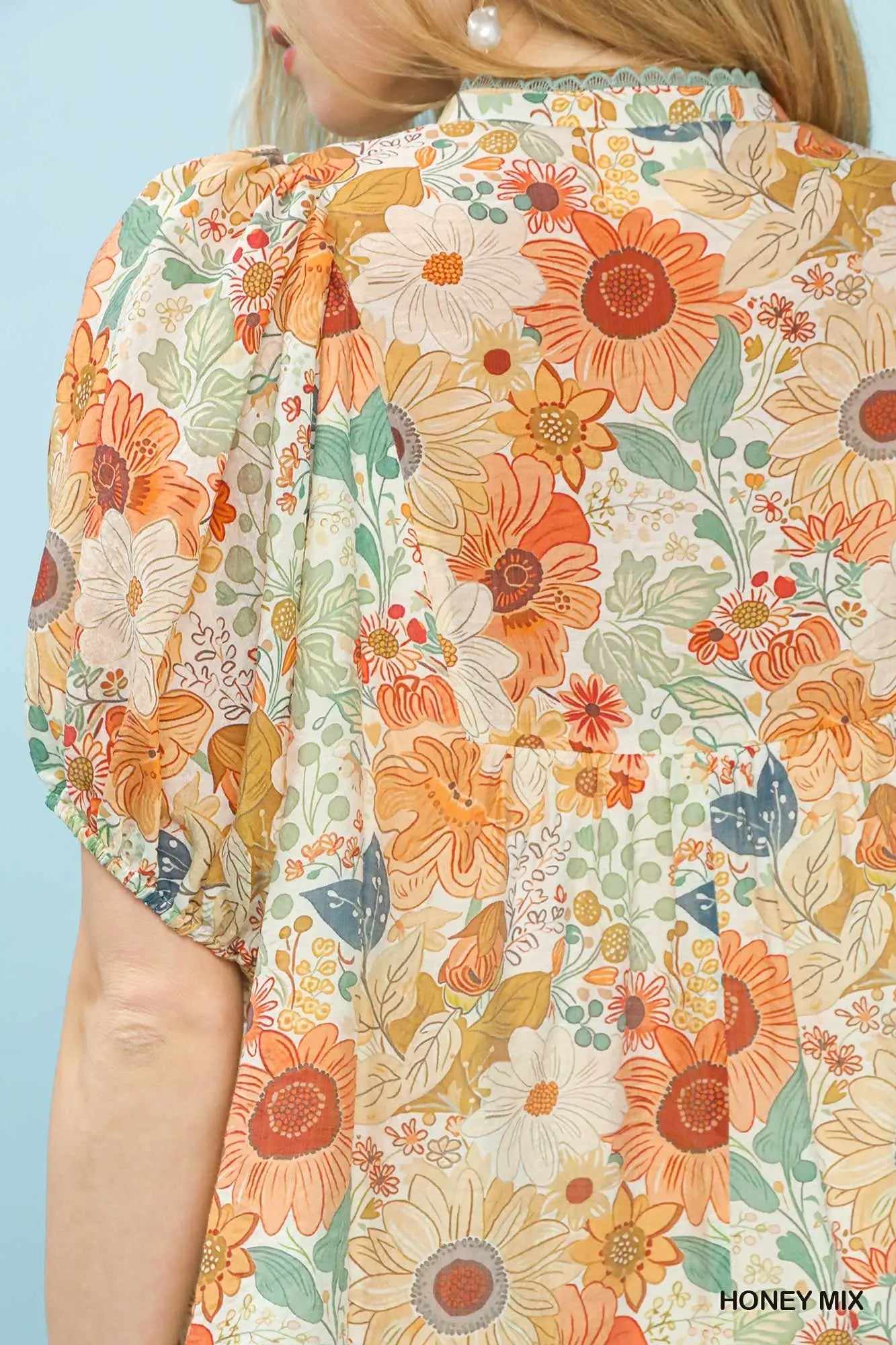 Mix Floral Puff Sleeve Split Neck Blouse