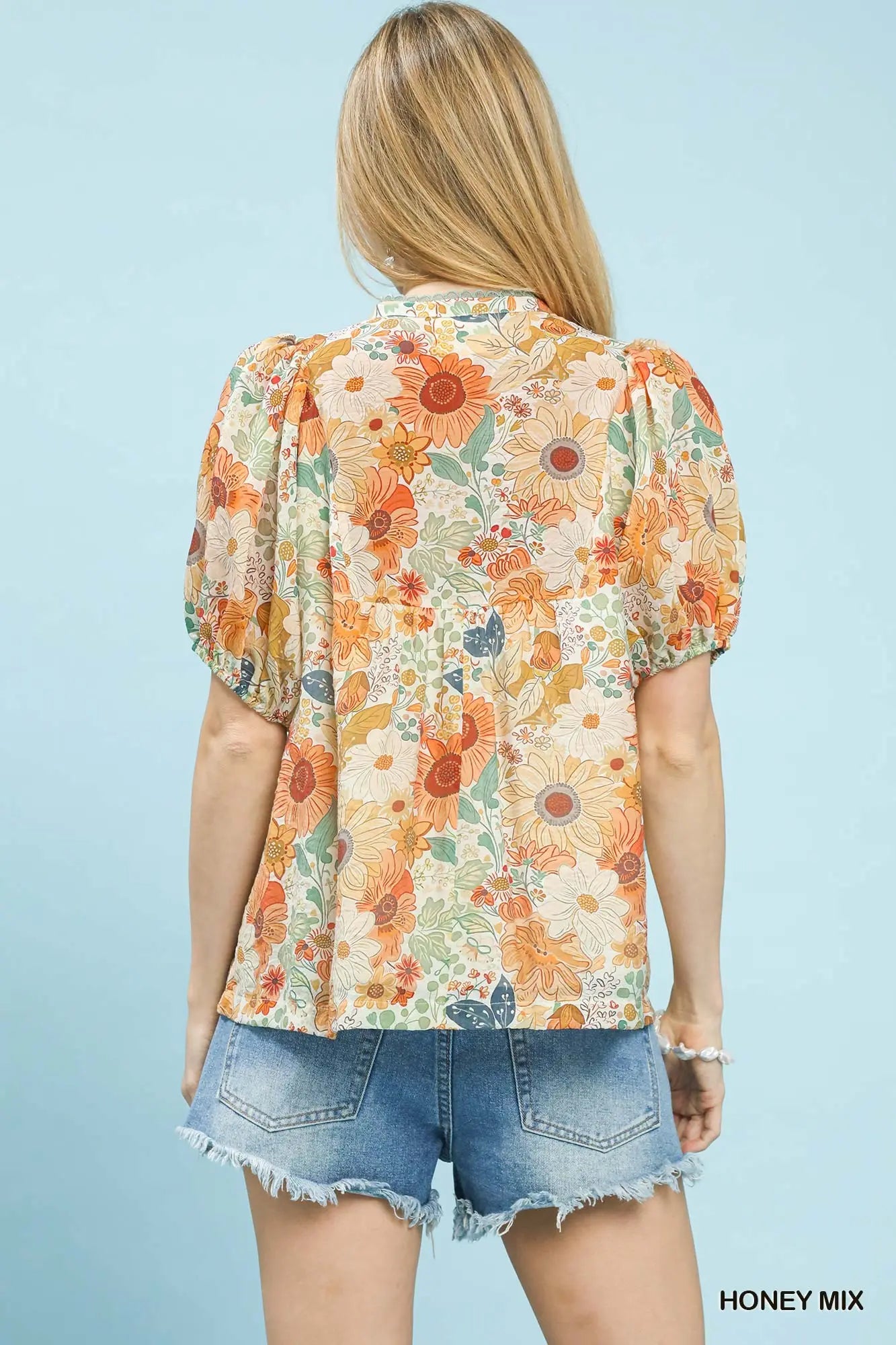 Mix Floral Puff Sleeve Split Neck Blouse
