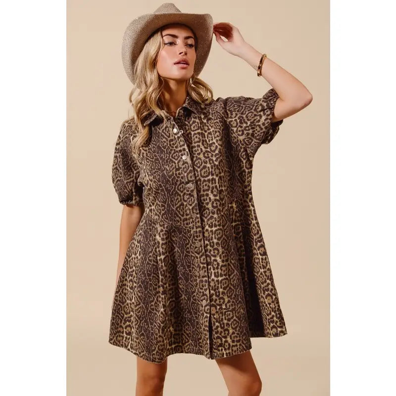 Washed Leopard Denim Button up Shirt Dress