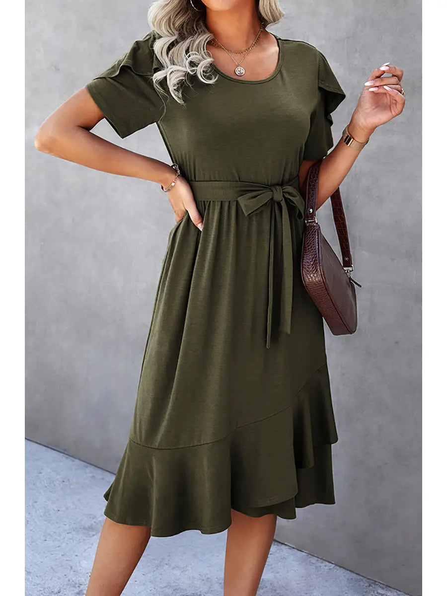 Petal Sleeve Ruffle Trim Belted Midi Dress
