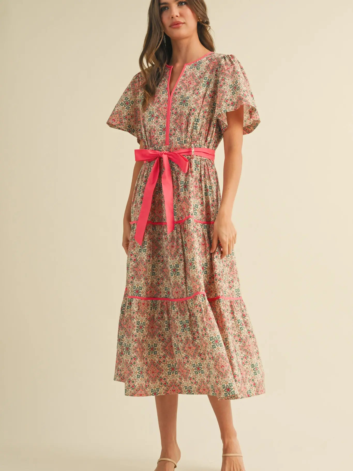 Contrast Binding Printed Midi Dress