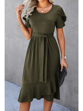 Load image into Gallery viewer, Petal Sleeve Ruffle Trim Belted Midi Dress

