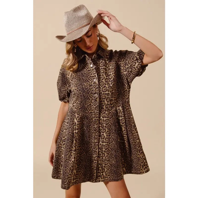 Washed Leopard Denim Button up Shirt Dress