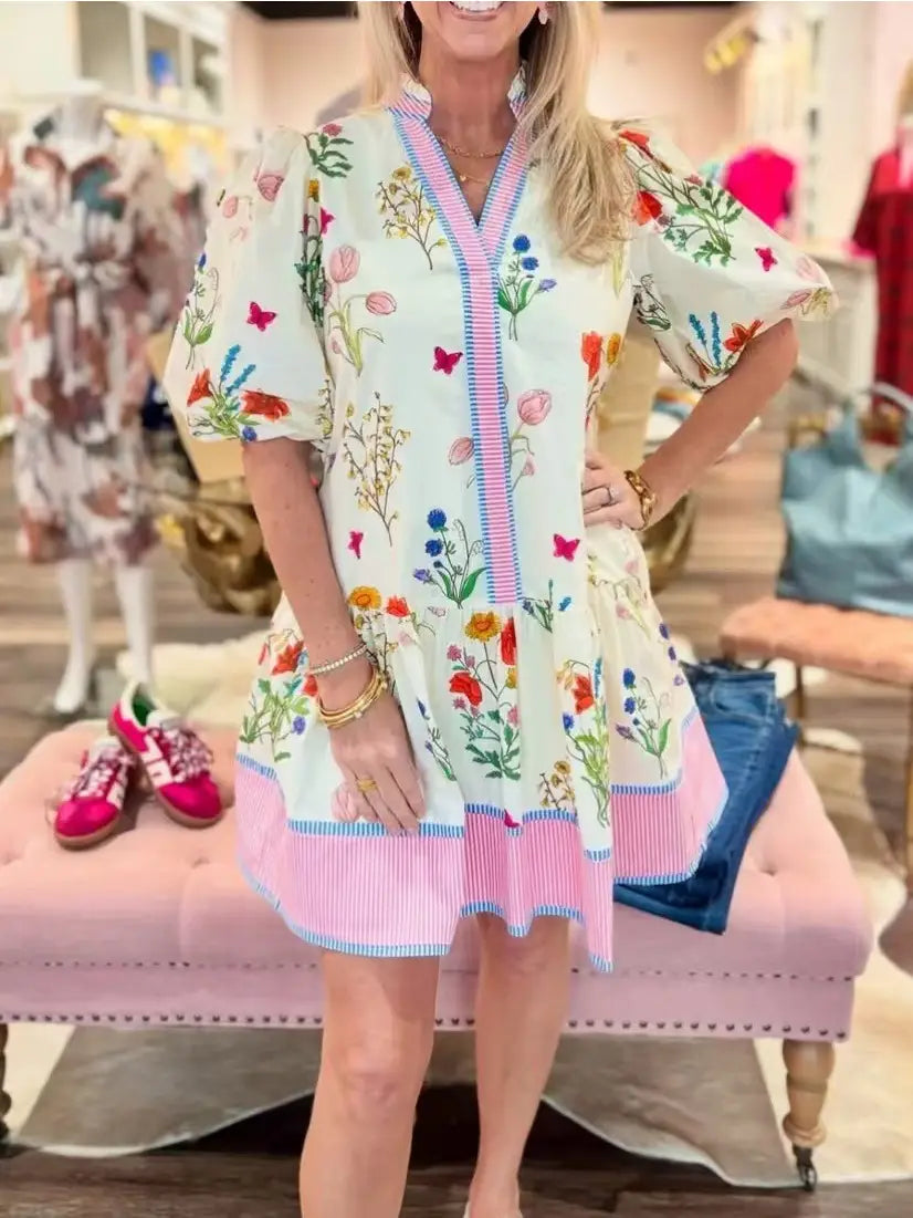 Marbella Bohemia Floral Puff Sleeve Relaxed Midi Dress