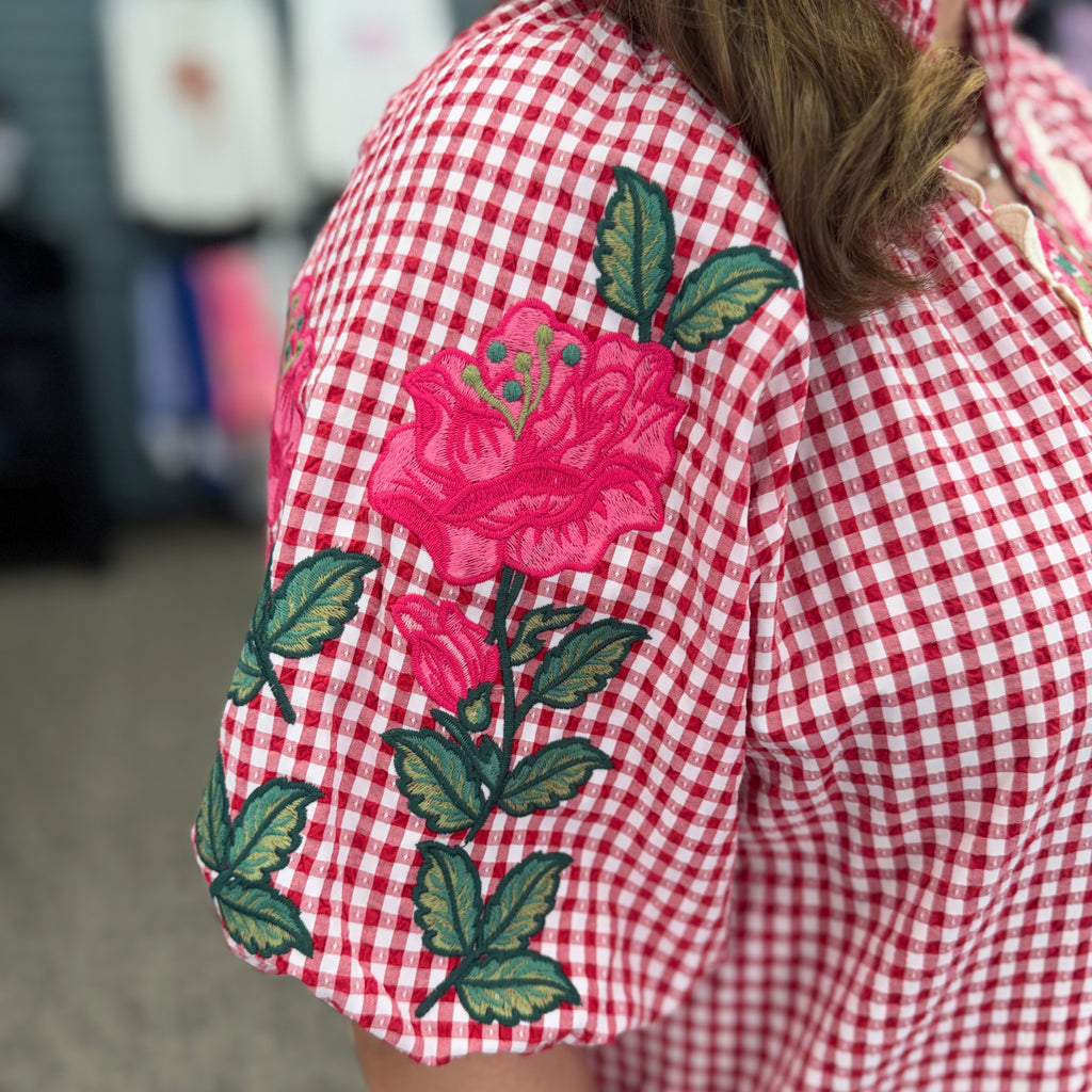 Embroidery Detail Puff Sleeve Gingham V-Neck Top