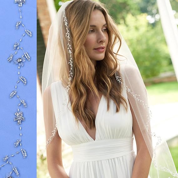 39 Inch Comb Cut Edge Fingertip Veil with Beaded Edge