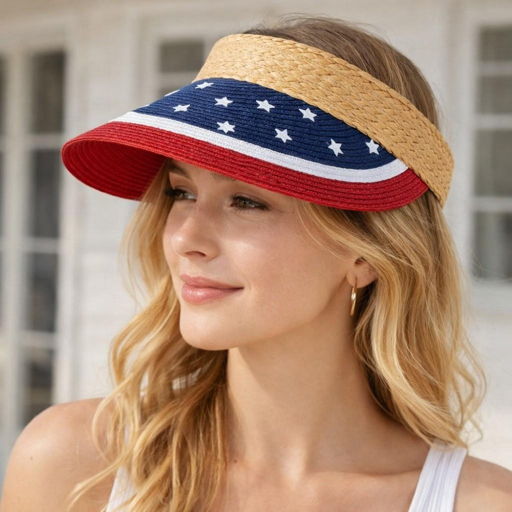 American Flag Themed Straw Sun Visor Hat