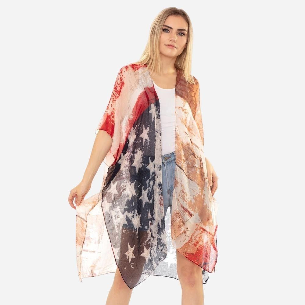 Women's Lightweight Sheer Vintage USA Print Kimono.