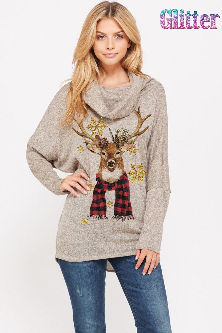 Deer Glitter Print Cowl Neck Long Sleeve Top