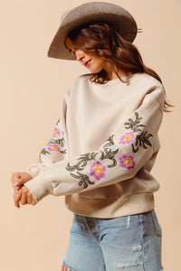 Floral Embroidered Sleeves Fleece Sweater Top