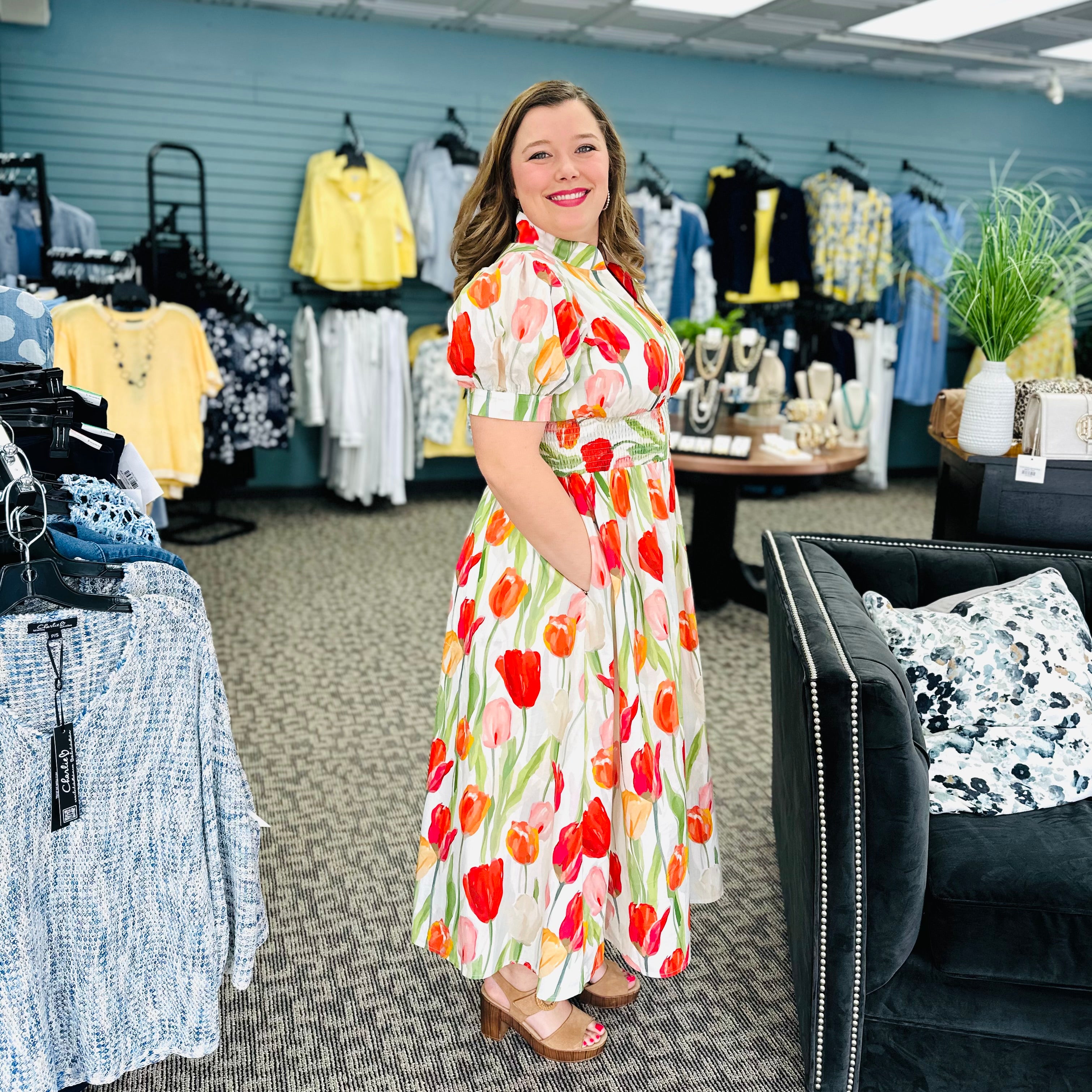 Floral Print Smocked Waist Midi Dress