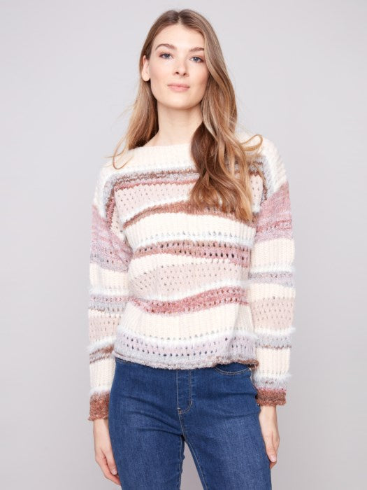 C2731R Patchwork Knit Drop Shoulder Sweater