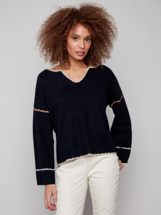 C2879 Embroidered Sweater with Notch Neck