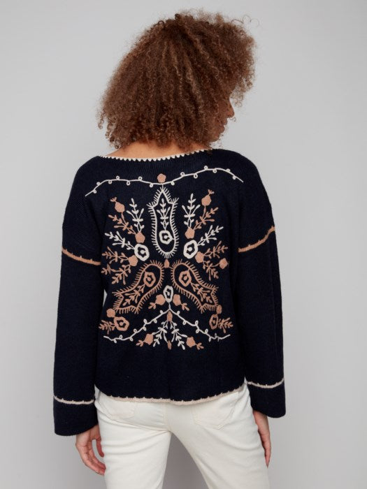 C2879 Embroidered Sweater with Notch Neck