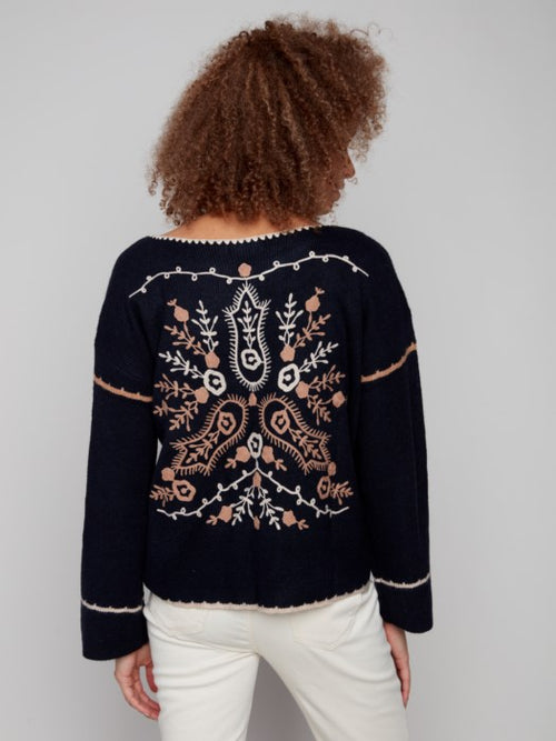 C2879 Embroidered Sweater with Notch Neck