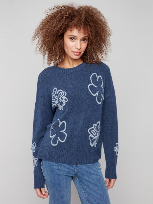 C2886 Floral Embroidered Crew Neck Sweater