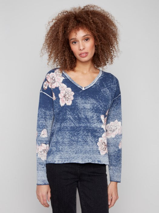 C2907 Reversible Floral V-Neck Sweater