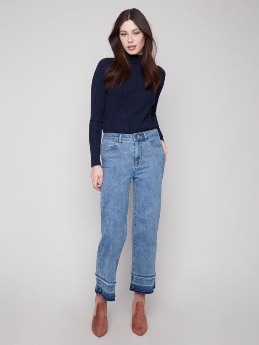 C5683 Flare Leg Jeans With Fringed Hem