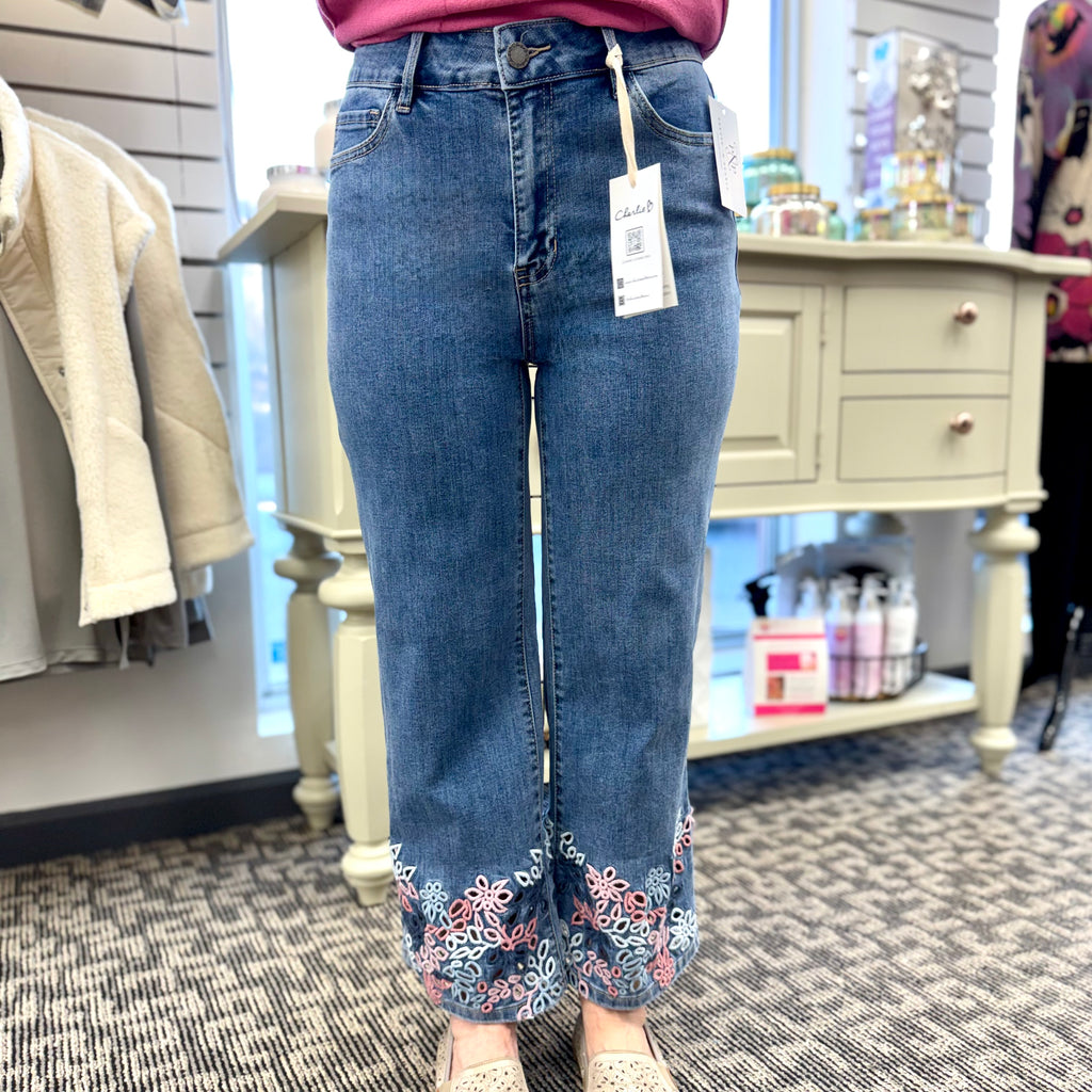Stretch Denim Flare Leg Pants with Eyelet Embroidery