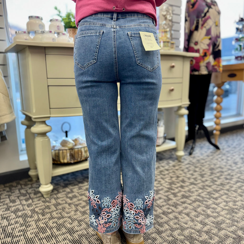 Stretch Denim Flare Leg Pants with Eyelet Embroidery