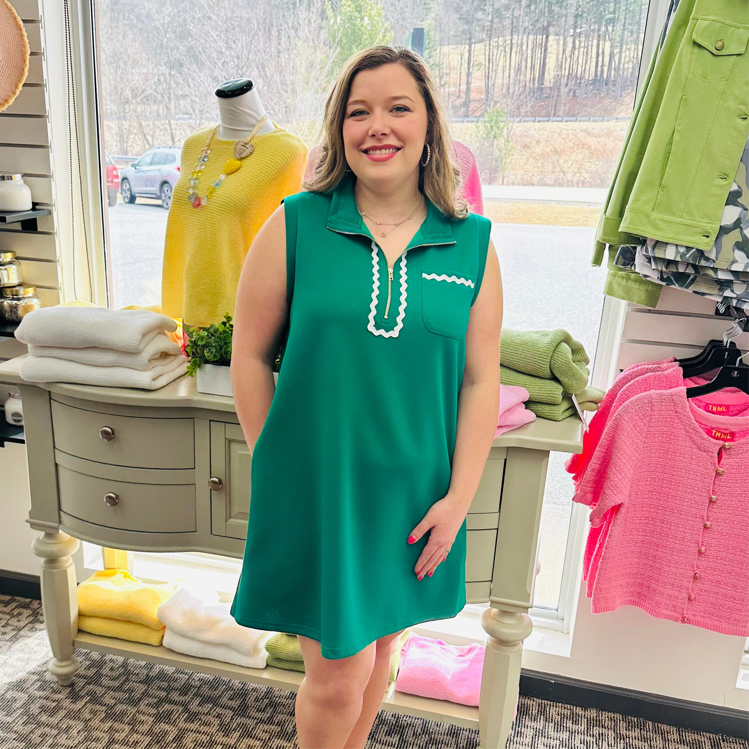 Sleeveless Mock Neck Zip Shift Dress