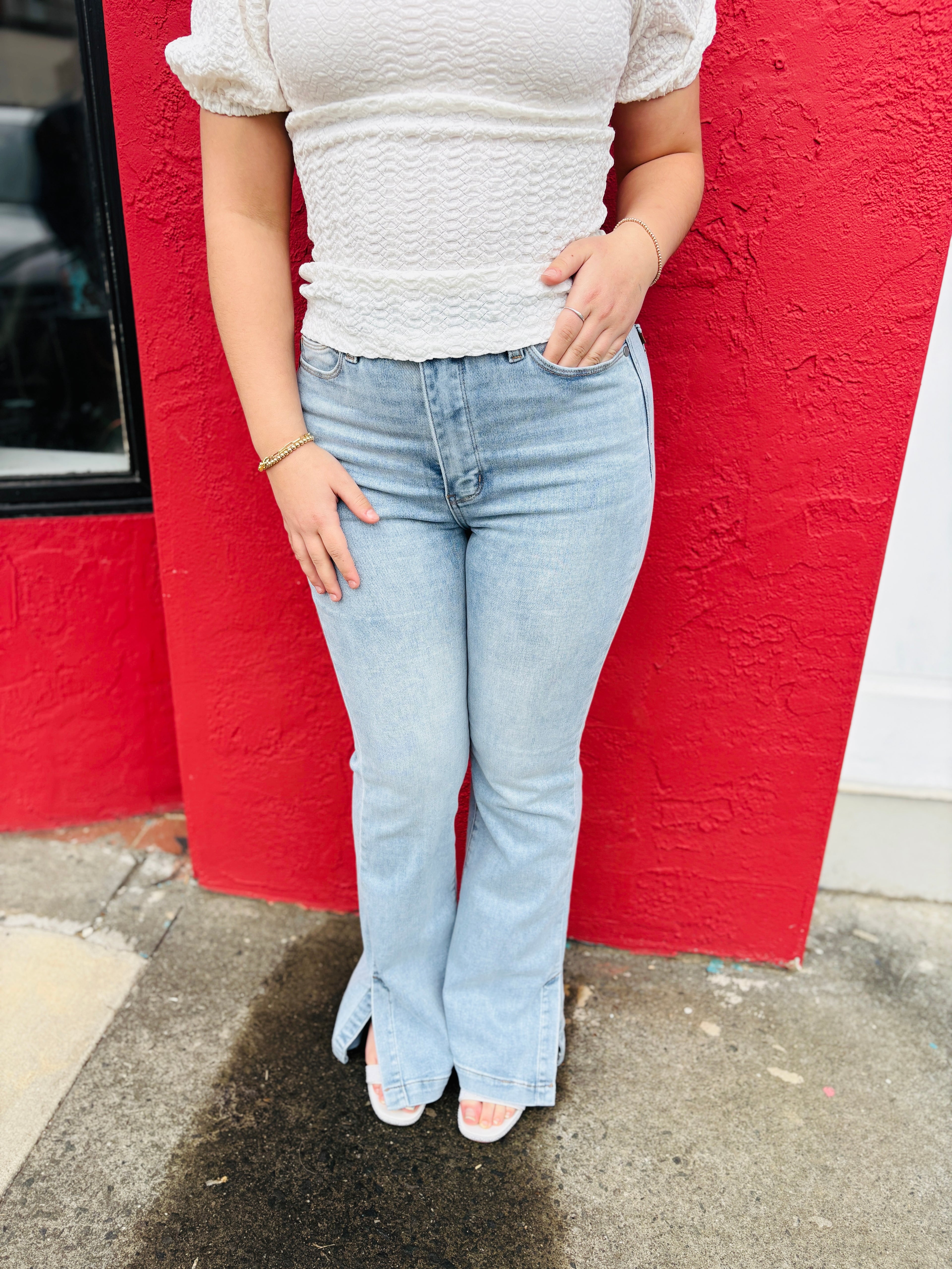 HW Tummy Control Side Slit Slim Boot Cut Vintage Wash