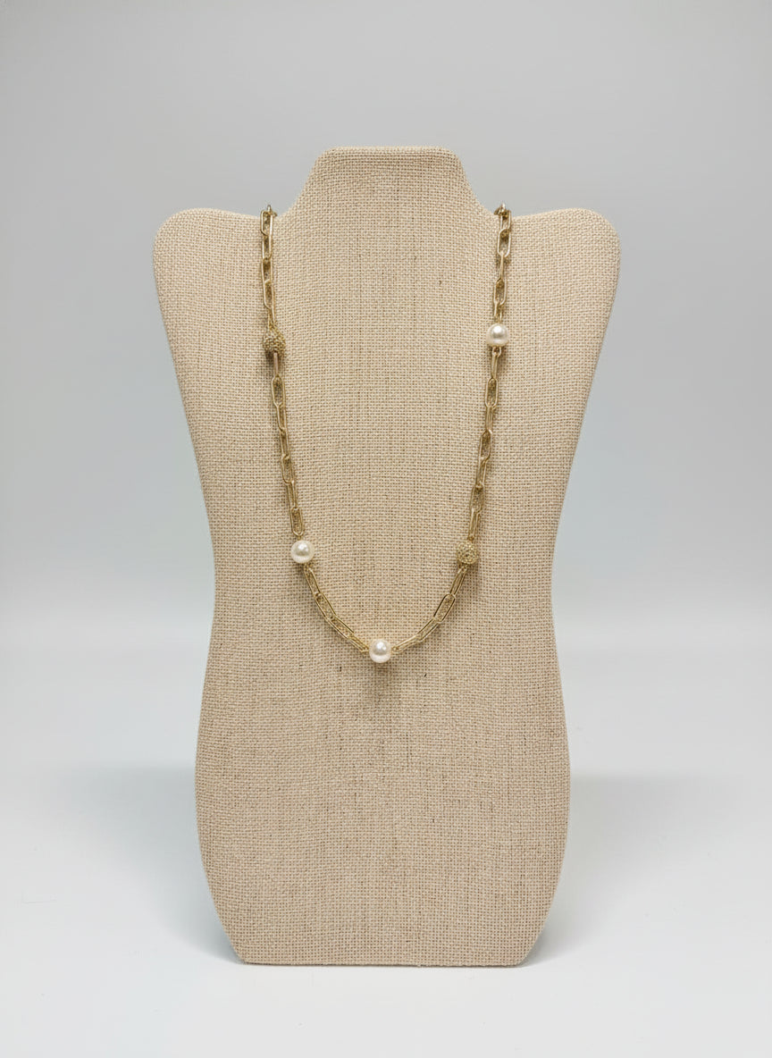 Long Gold Clip Chain with Pearls and Pave Balls