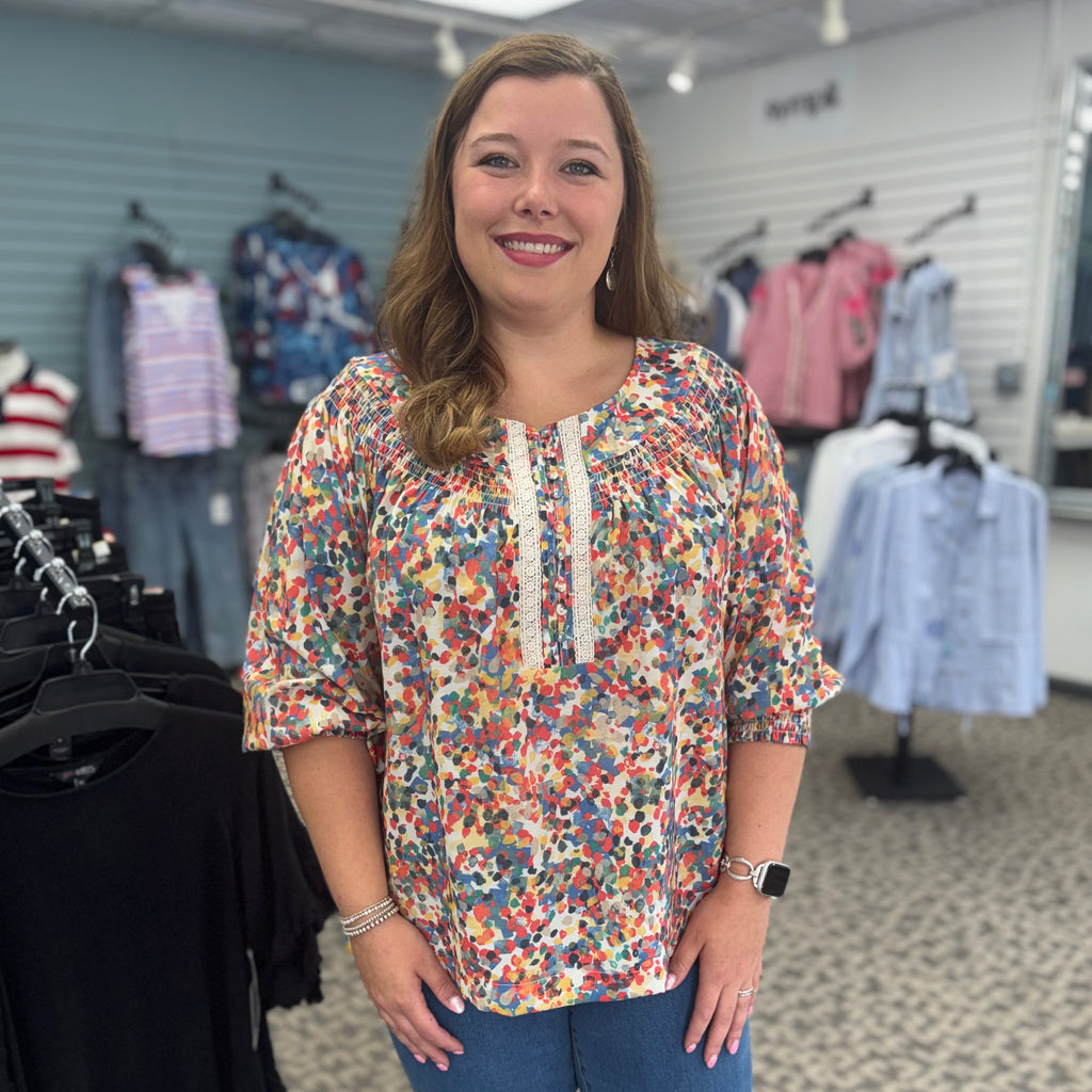 Shirred Neck Button Front Woven Top