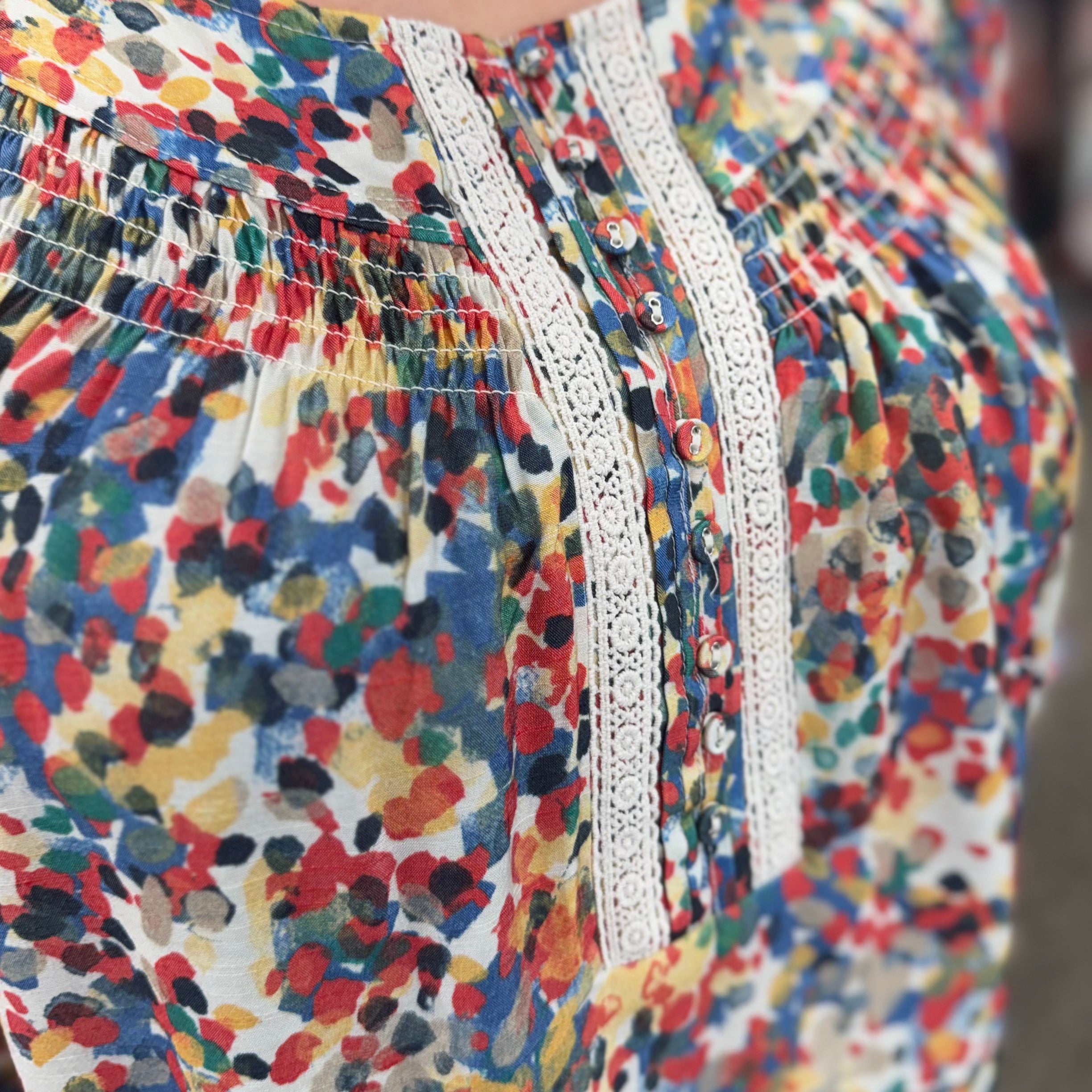 Shirred Neck Button Front Woven Top