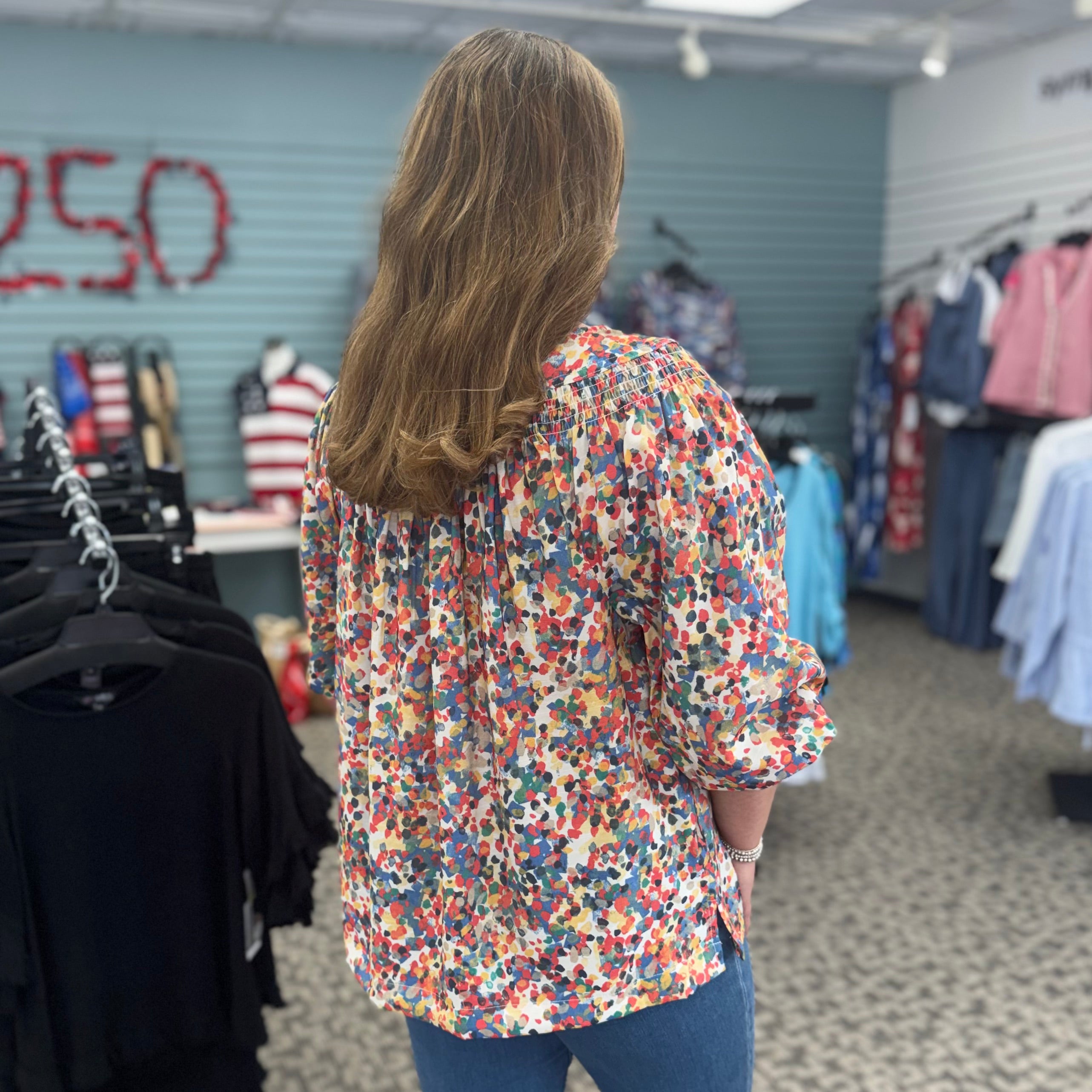 Shirred Neck Button Front Woven Top