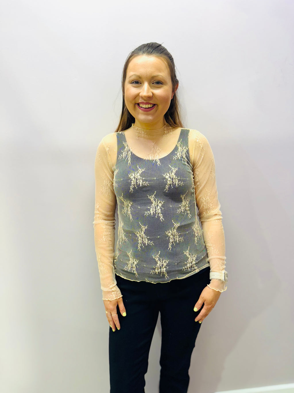 Lace Long Sleeve Sheer Fitted Tee