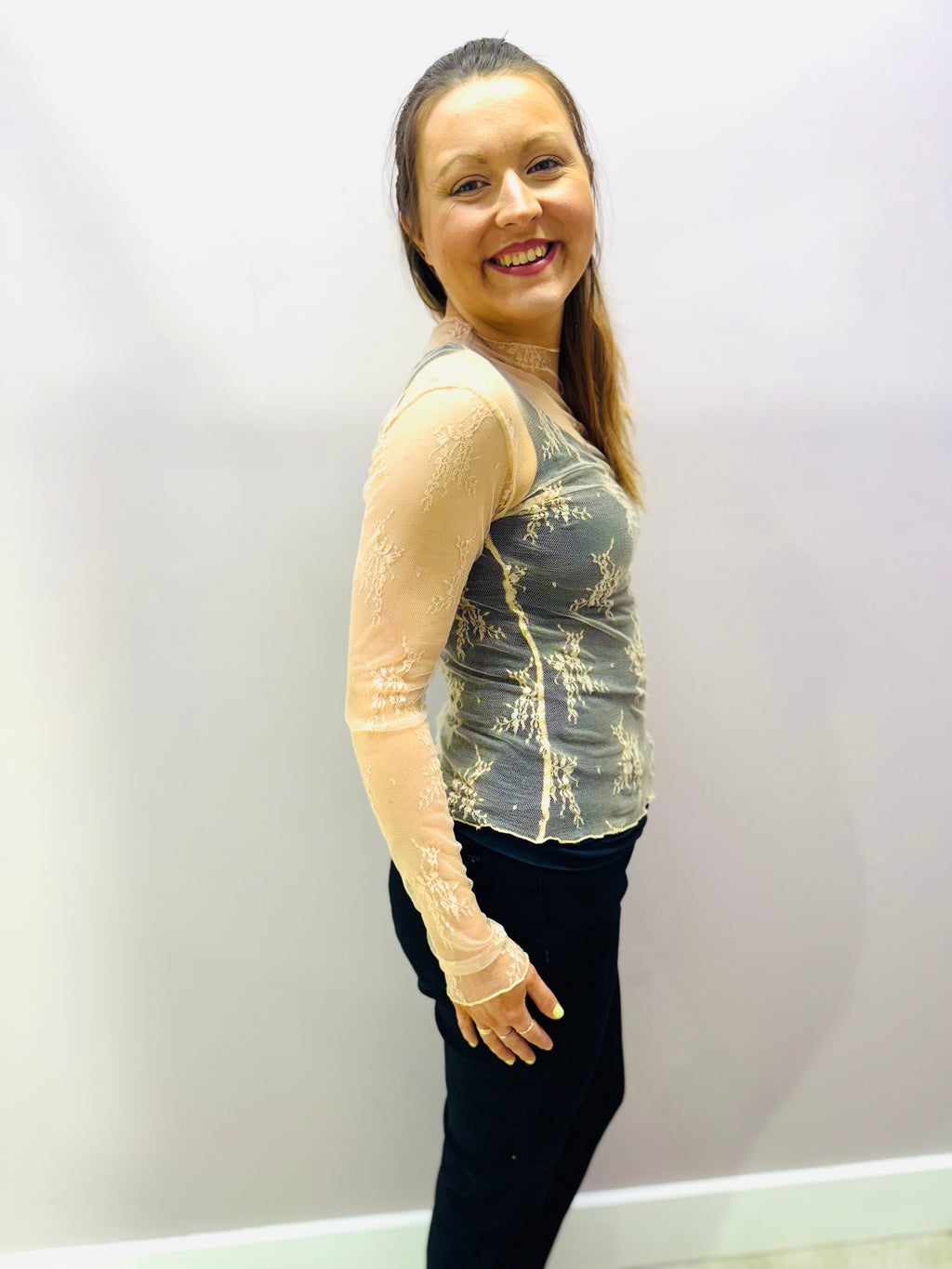 Lace Long Sleeve Sheer Fitted Tee