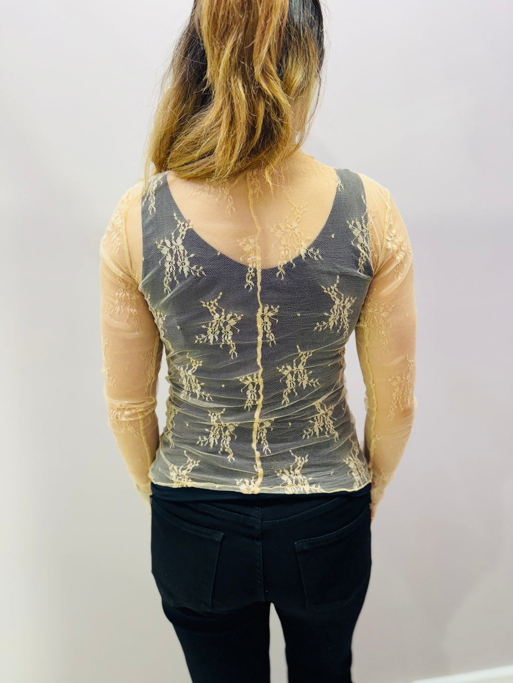 Lace Long Sleeve Sheer Fitted Tee