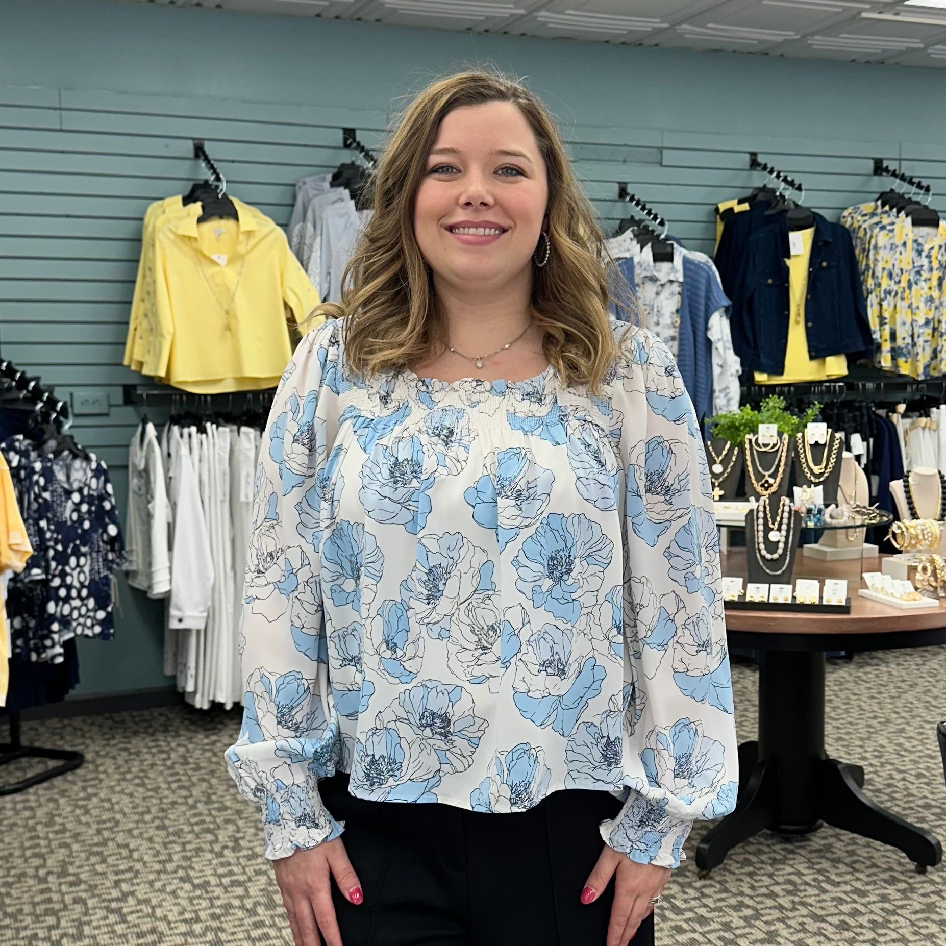 Floral Print Frilly Smocked Square Neck Blouse