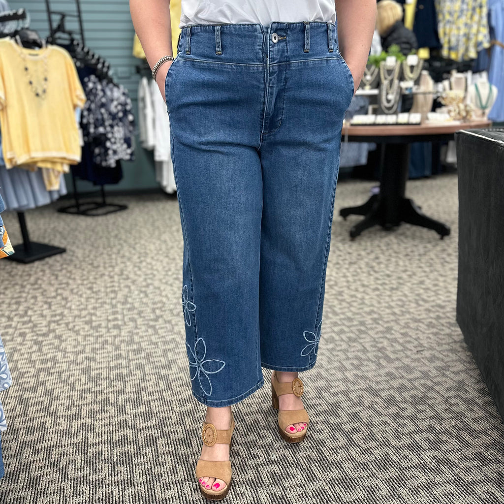 Floral Appliqué Stretch Denim Pants