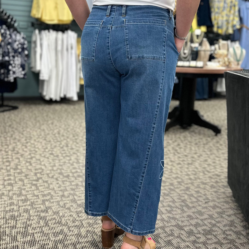 Floral Appliqué Stretch Denim Pants