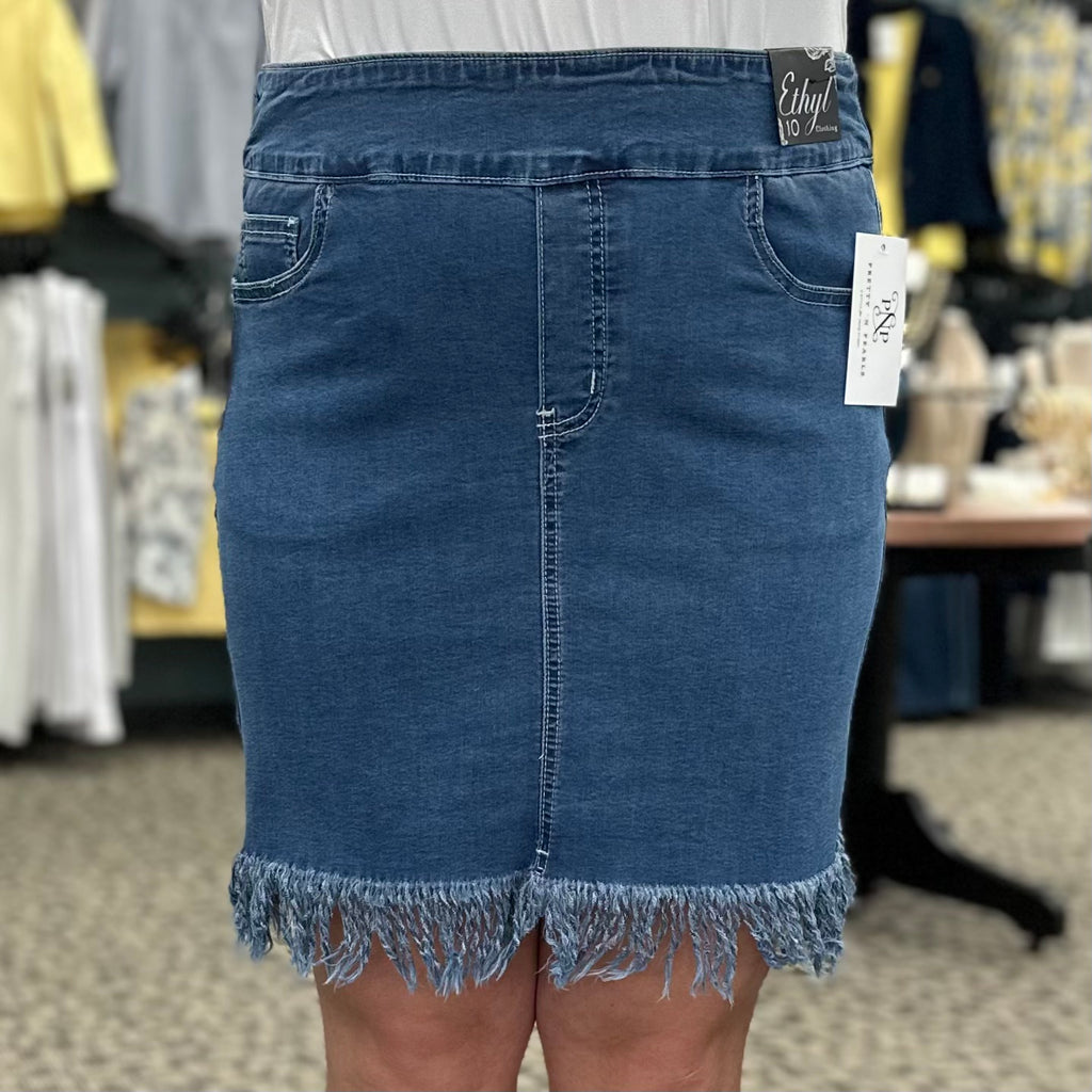 Fringe Hem Stretch Denim Skirt