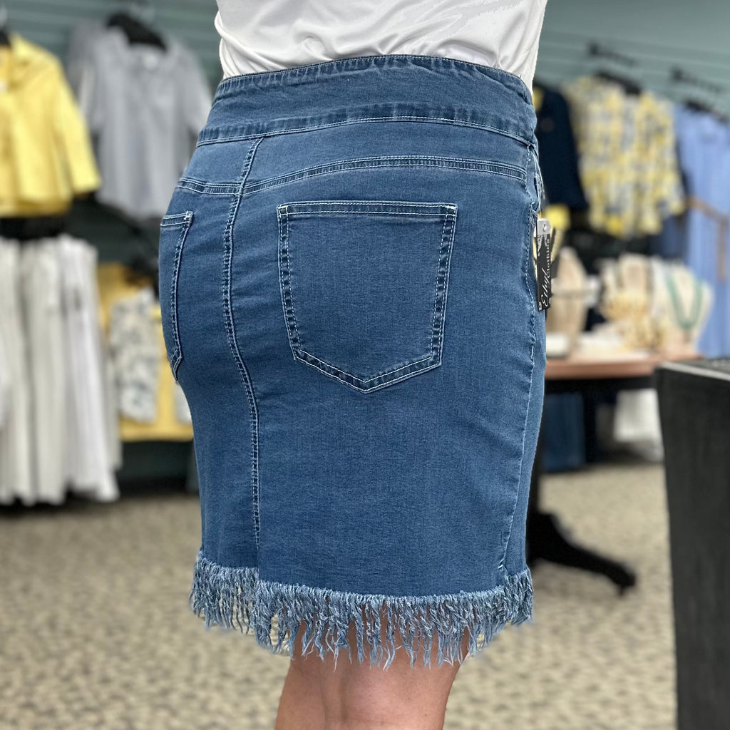 Fringe Hem Stretch Denim Skirt