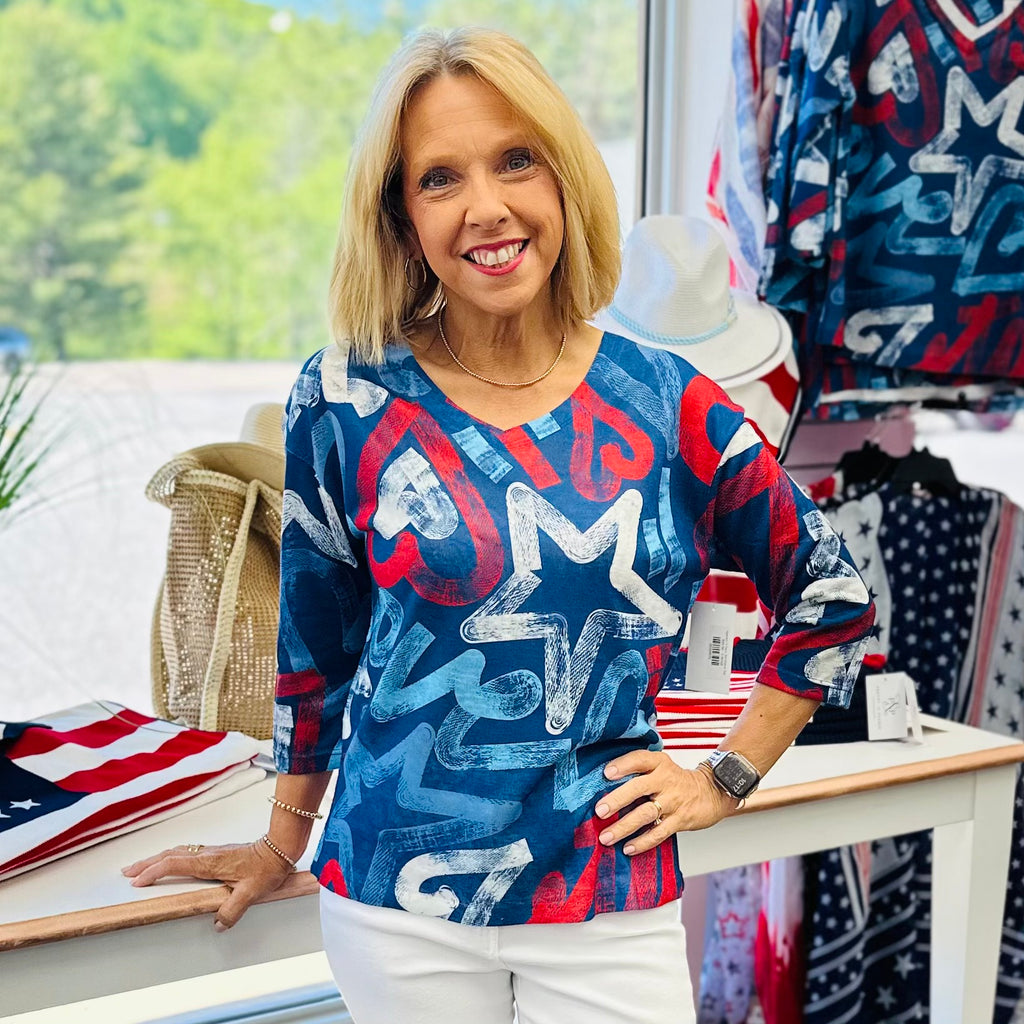 Abstract V-Neck 3/4 Sleeve Top