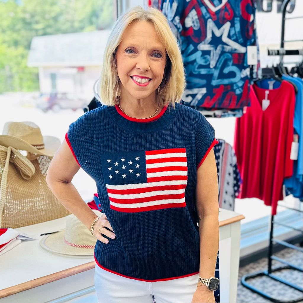 Drop Shoulder American Flag Knit Top with Contrast Binding