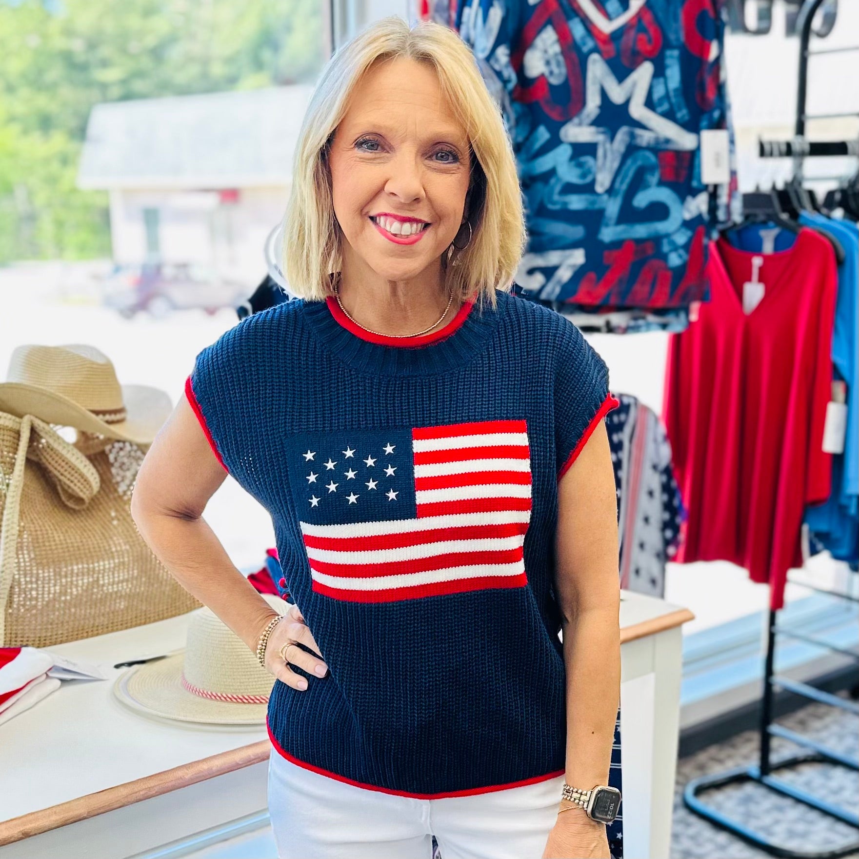 Drop Shoulder American Flag Knit Top with Contrast Binding