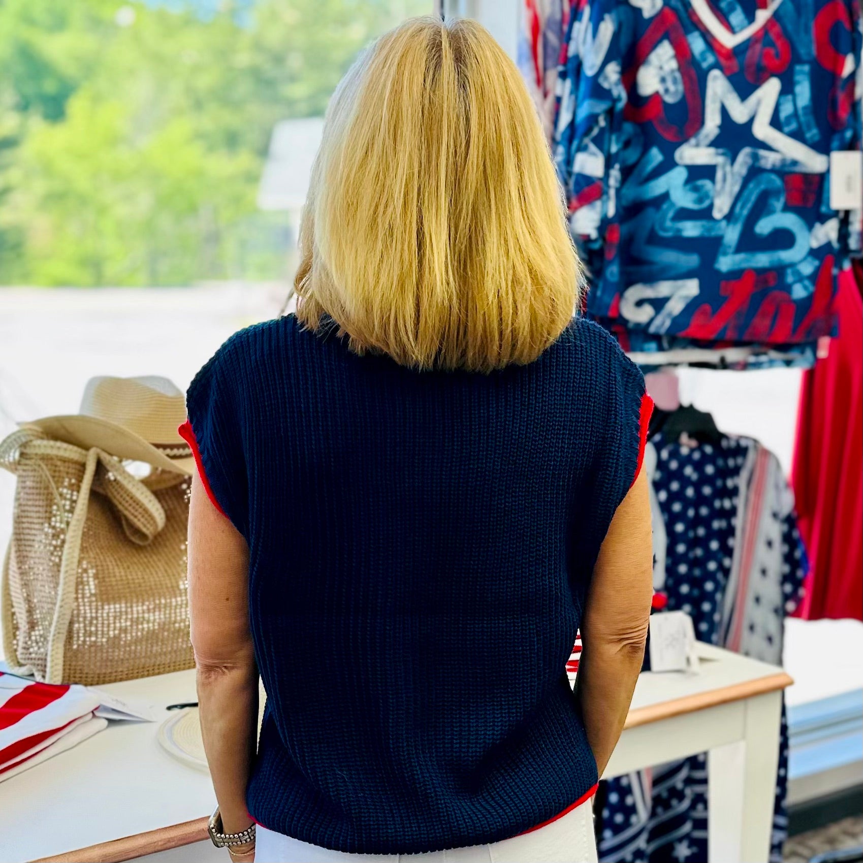 Drop Shoulder American Flag Knit Top with Contrast Binding