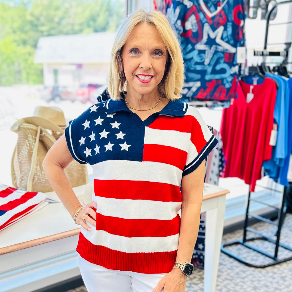 American Flag Cap Sleeve Cotton Sweater