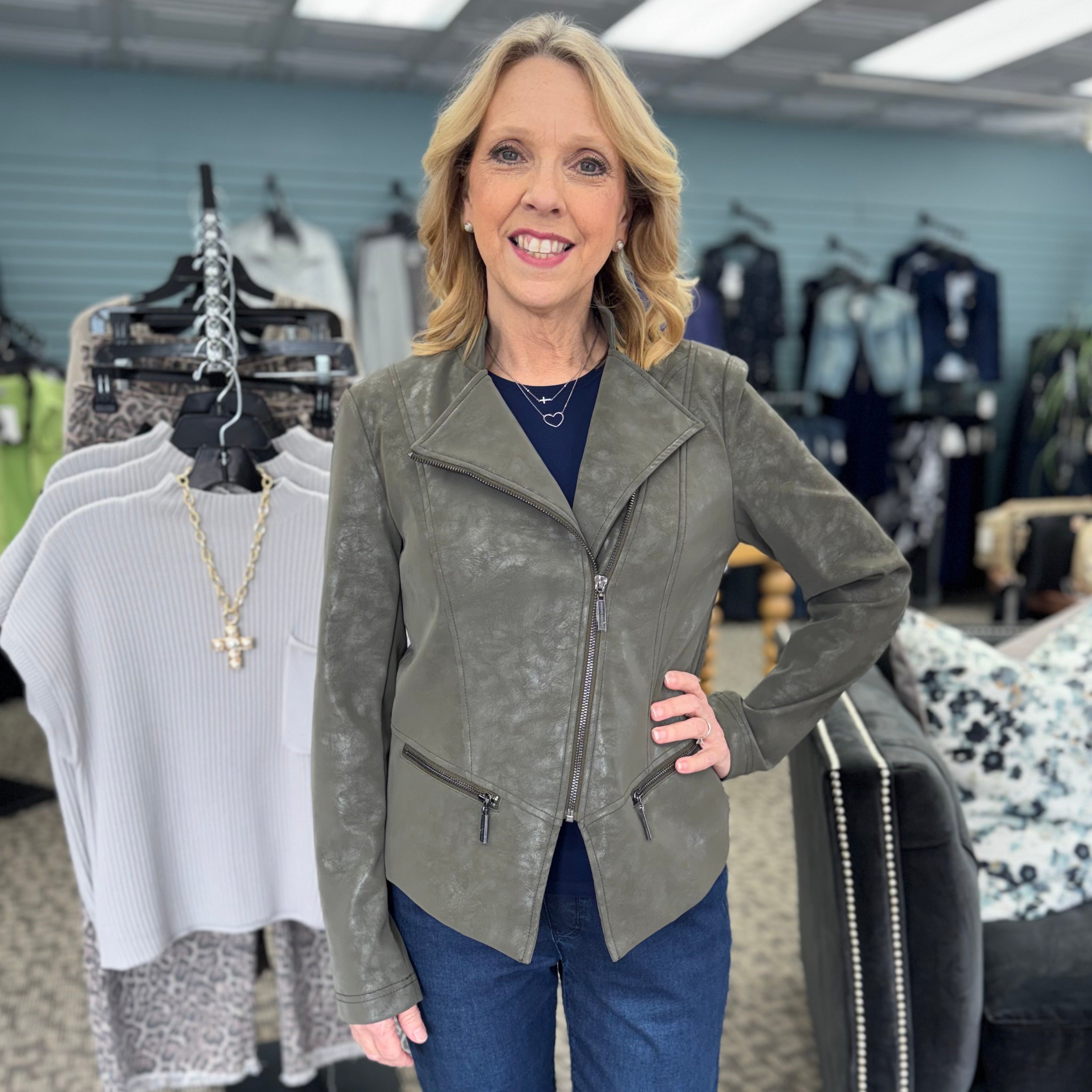 253915 Foiled Faux Suede Fitted Moto Jacket