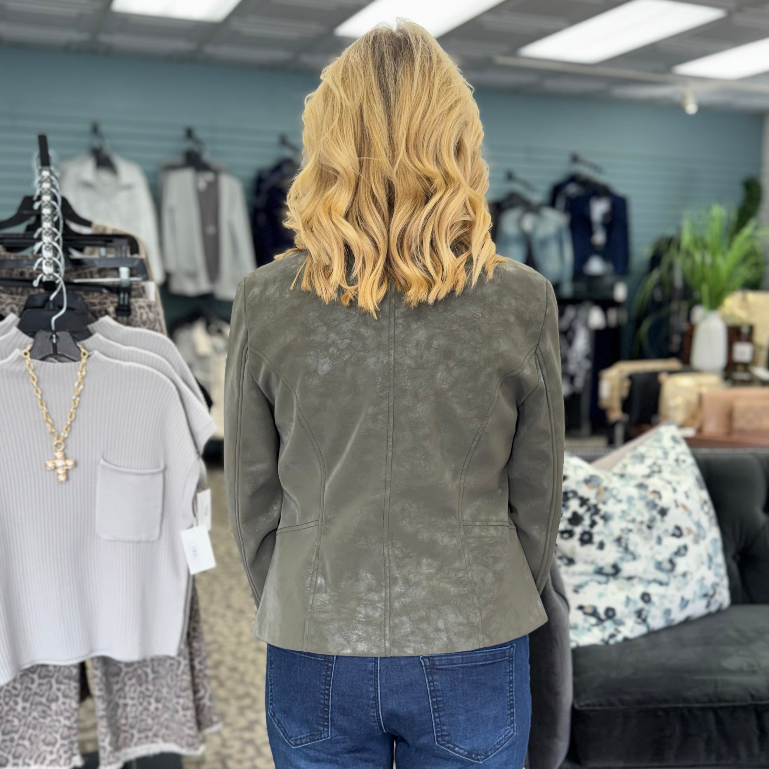 253915 Foiled Faux Suede Fitted Moto Jacket