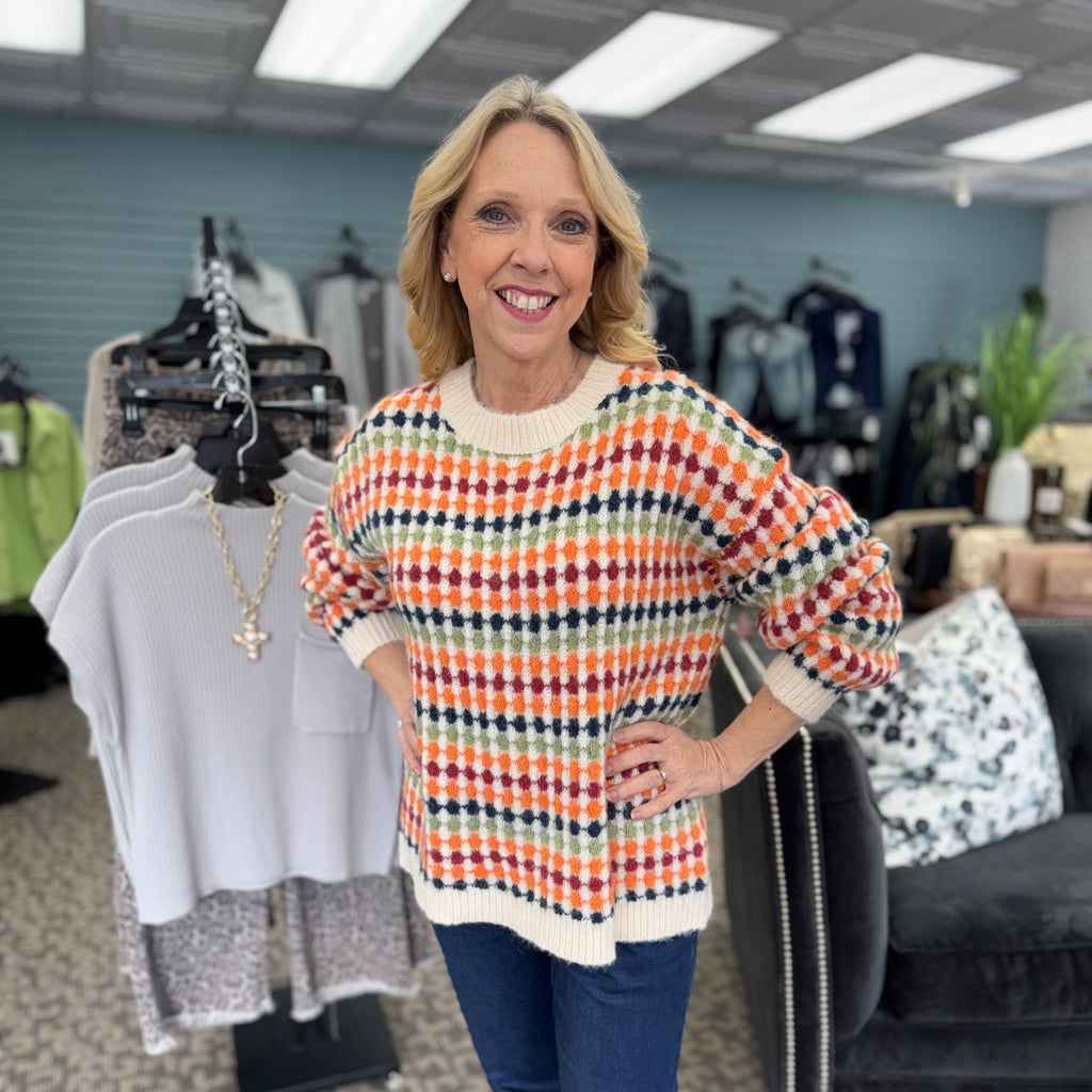 Dotty Striped Pattern Knit Drop Shoulder Sweater