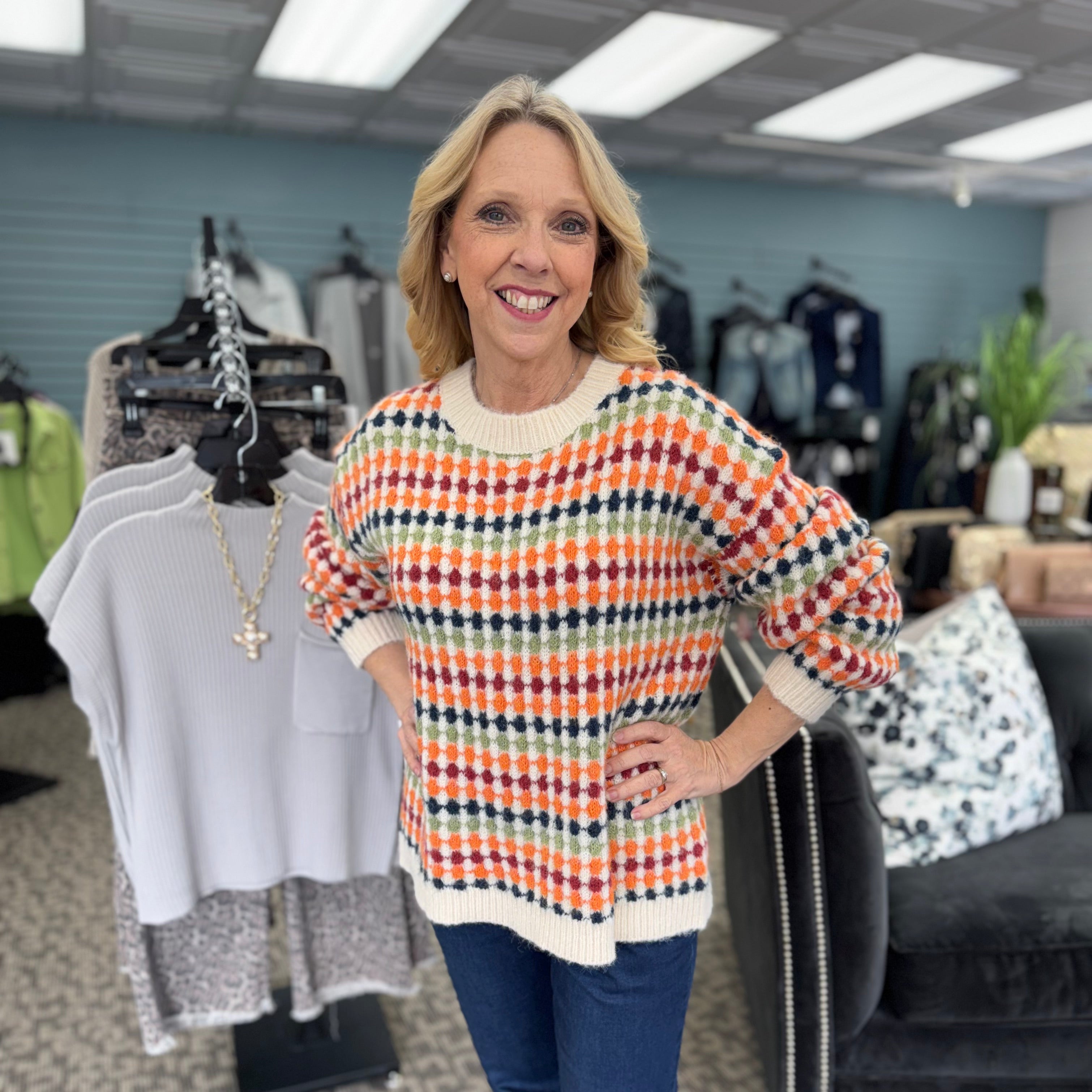 Dotty Striped Pattern Knit Drop Shoulder Sweater