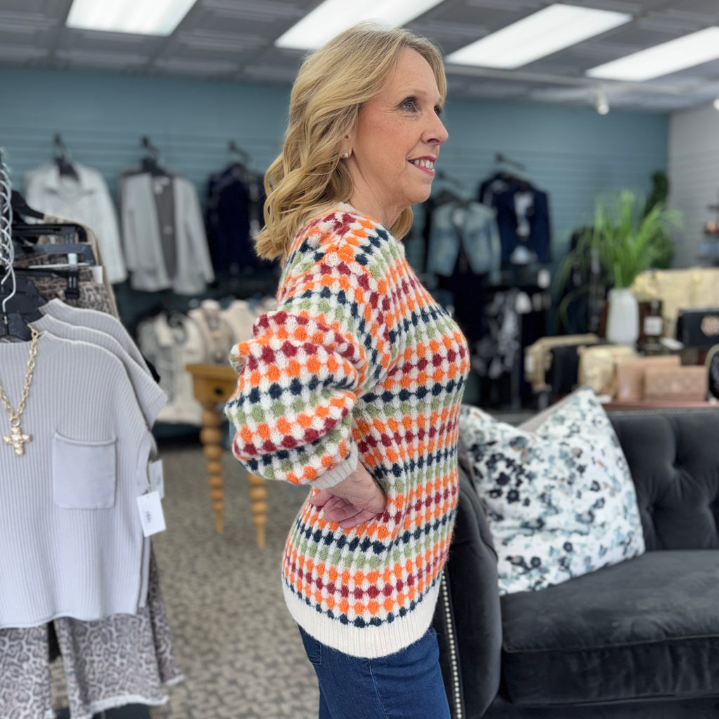 Dotty Striped Pattern Knit Drop Shoulder Sweater